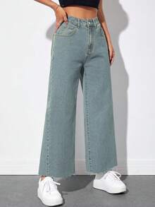 SHEIN LUNE Casual Washed High-Waisted Straight-Leg Jeans - Blue - View 4
