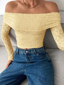 Siren Gaze Áo thun nữ dáng ngắn trễ vai, màu trơn, chất liệu jacquard, kiểu dáng thường ngày. - Vàng nhạt - Xem 7