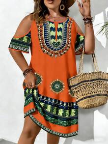EMERY ROSE Plus Size Geometric Print Off-Shoulder Casual Vacation Dress - Orange - View 3
