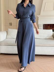 DAZY 2pcs/Set Women Casual Collared Tie-Waist Top And Pants Commuter Outfit - Blue - View 5