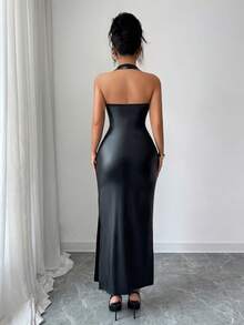 Elenzga Women's Fashion PU Halter Backless Split Dress - Black - View 5