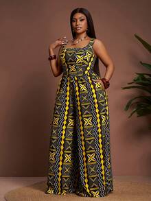 Veslaya 2026早春新款加大码女装，适合音乐节、复活节、西部风、游牧风格等场合，包括生日派对、毕业典礼、节日庆典、优雅宴会、舞会、日常通勤和休闲穿着。套装包含宽肩带几何印花露脐上衣和阔腿裤。 - 黃色 - 查看 3