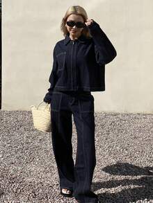 DAZY Women's Casual Collared Crop Top And Loose Fit Jeans Set - Blue - View 6