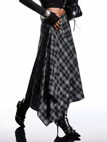 LYSMO 女士不对称下摆格子长裙，夏季时尚之选 - 藏蓝色 - 查看 5