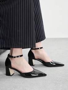 CUCCOO BIZCHIC 女鞋 女士尖头粗跟中跟黑色踝带镂空女式高跟鞋 时尚舒适通勤商务百搭女式镂空鞋 - 黑色漆皮 - 查看 4