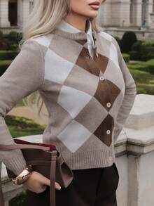 Elenary Edit Women's Casual Collegiate Style Patchwork Argyle Pattern Long Sleeve Button-Up Cardigan Sweater, Autumn - Multicolor - View 3