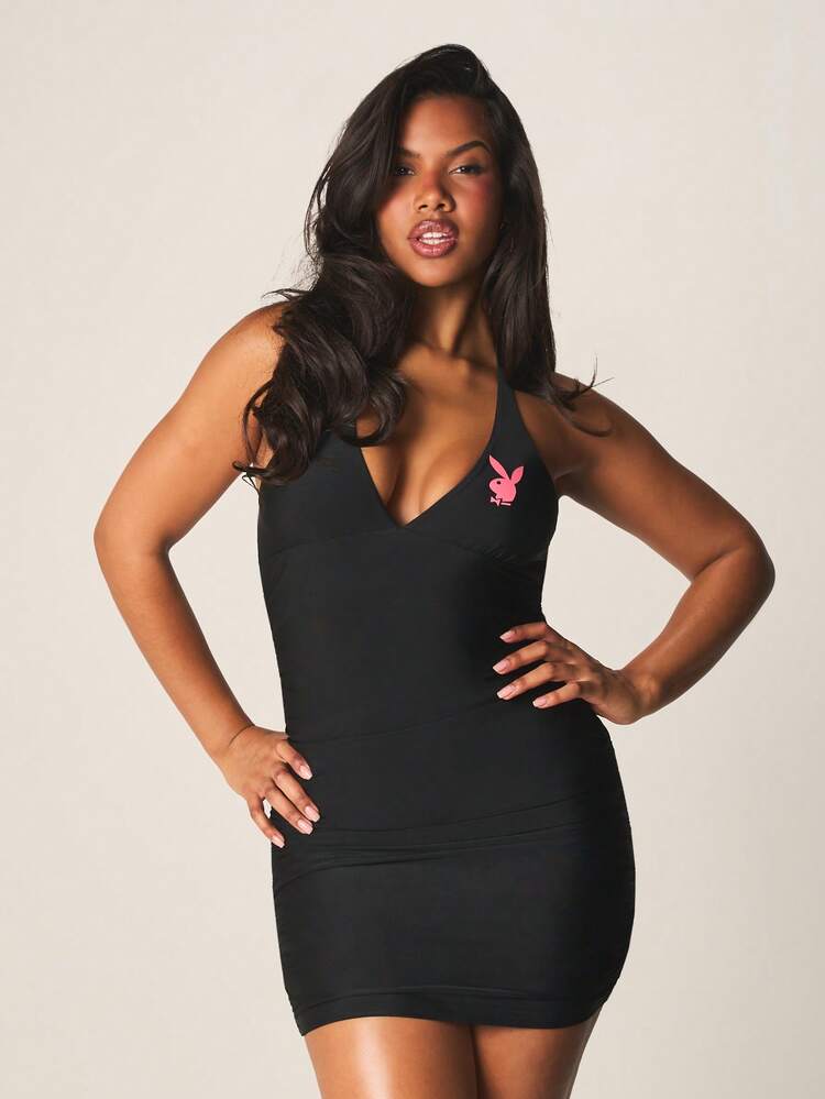 Missguided x Playboy Halter Neck Ruched Bodycon Mini Dress With Pink Bunny Logo Deep V Neckline Party Club Nightout Occasion Fitted Sleeveless