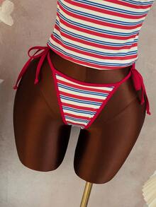 Swim Mod Women's Striped Halter V-Neck Thong Tankini Two Pieces Set, Mature And Fashionable For Beach Music Festival - Multicolor - View 3