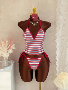 Swim Mod Women's Striped Halter V-Neck Thong Tankini Two Pieces Set, Mature And Fashionable For Beach Music Festival - Multicolor - View 4