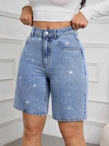 SHEIN Tall 夏季高个女士派对、休闲、假日、度假闪亮水钻设计水钻装饰口袋修身时尚牛仔短裤 - 中等水洗藍 - 查看 6
