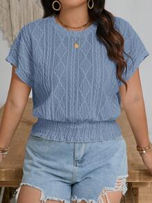 SHEIN Frenchy 大码休闲收腰圆领蝙蝠袖纹理T恤 - 藍色 - 查看 4