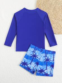Young Boy Swimsuit Set, Coconut Tree Print Sports & Vacation - Blue - View 2