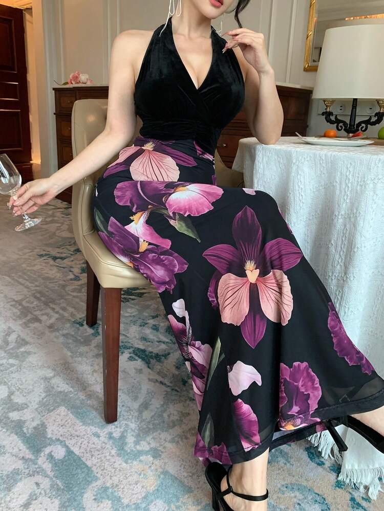 Women's Elegant Floral Print Patchwork Halter Dress, Summer Sundress Boho