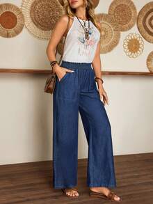 Breezaya 女士松紧腰宽松口袋牛仔裤，适合日常穿着 - 深色水洗藍 - 查看 6