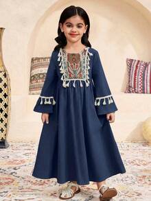 SHEIN Young Girl Vacation Casual Fashion Patchwork Floral Fringe Square Collar Long Sleeve Dress - Navy Blue - View 7