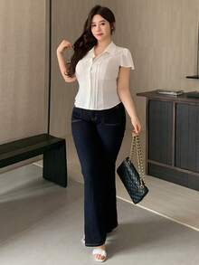 REIGN AVE Plus Size Solid Color Button-Down Collar Shirt, Suitable For Everyday Wear Summer - White - View 4