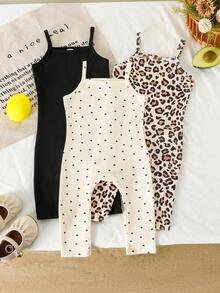 SHEIN Baby Girl 3pcs Leopard Print And Allover Heart Print And Solid Black Cami Jumpsuit - Multicolor - View 1