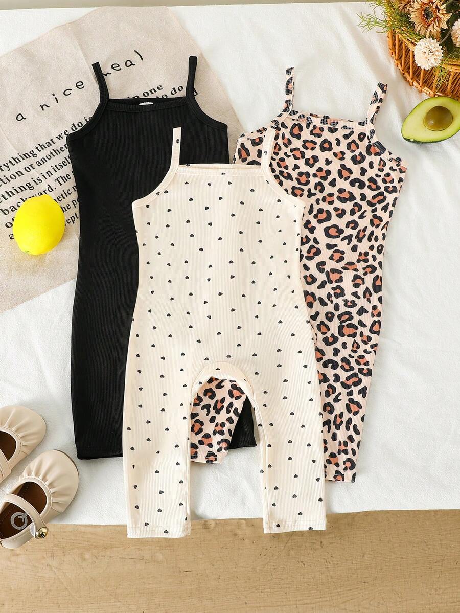 SHEIN Baby Girl 3pcs Leopard Print And Allover Heart Print And Solid Black Cami Jumpsuit - Multicolor - View 1