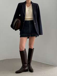 DAZY 女士翻领宽松长袖拼接印花休闲街头风牛仔外套 - 深色水洗藍 - 查看 3