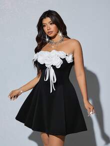 Viva Relle Plus Size Fashion 3D Rose Flower Bow Tie Bandage Cocktail Mini Dress - Black - View 8