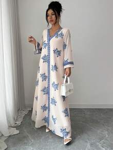 Al Najma Đầm maxi dài tay cổ chữ V dáng rộng bằng chiffon in hoa, kiểu dáng lãng mạn, thanh lịch dành cho nữ, thích hợp cho mùa xuân/hè. - màu đen - Xem 5