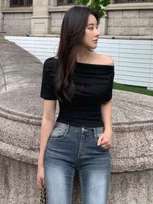 DAZY Women's Solid Color Off-Shoulder Pleated Fitted Short Sleeve T-Shirt, Spring/Summer - Black - View 2