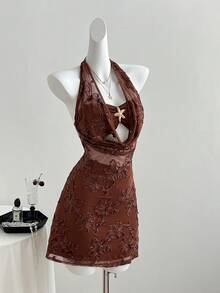 Sweetra 性感垂褶领露背吊带蕾丝边收腰修身夏季连衣裙，女士 - 棕色 - 查看 4