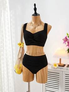 Costavie 女士沙滩度假纹理面料交叉褶皱设计泳衣套装 - 黑色 - 查看 6