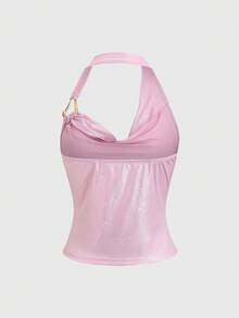 Sweetra Women's Solid Color Halter Neck Metal Decor Ruched Sexy Versatile Top For Dates & Outings - Pink - View 2