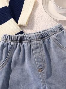 SHEIN 男婴休闲可爱黑白条纹短袖T恤和牛仔短裤套装，2件套，适合春夏穿着 - 藏蓝色 - 查看 5