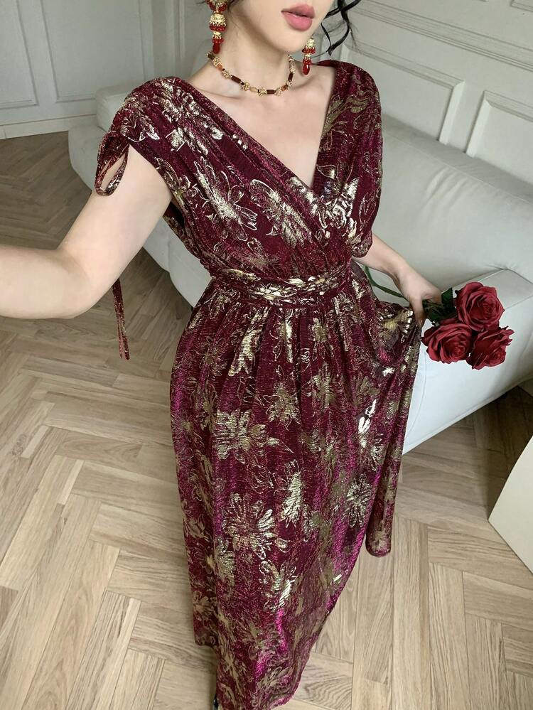 Spring & Summer Sequin Shiny Gold & Red Contrast Color Floral Print Maxi Dress, Elegant For Valentine's Day, Wedding, Party, Banquet, With Ruffle Hem And Waist Cinching, Midi Length Sundress Boho