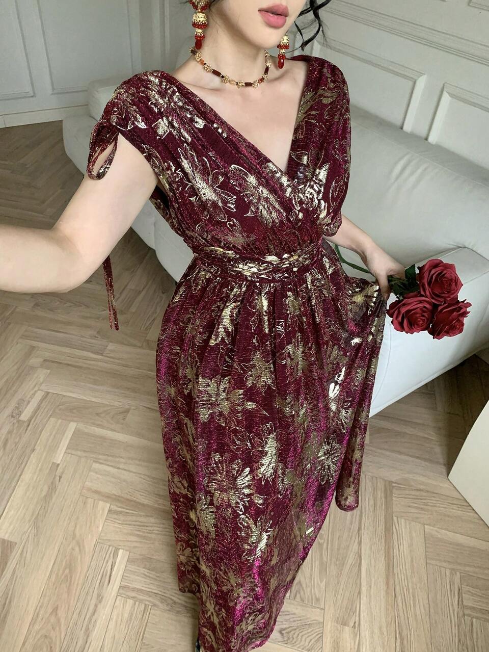 Women's Burgundy Summer Elegant Wedding Guest Sequin Shiny Gold Floral Print Maxi Dress,Valentine's Day Wedding Party Banquet Ruffle Hem Sundress