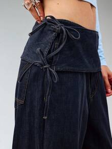 COUREZ Baggy Jeans With Bow Tie Waistband /Y2K Low Rise Jeans Fall Women Clothes Fall Clothes Going Out Outfits Low Waist Jeans - Navy Blue - View 6