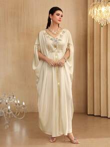 Al Najma Elegant Beige Beaded & Rhinestone Embellished Bat Wing Dress, Spring/Summer - Apricot - View 6