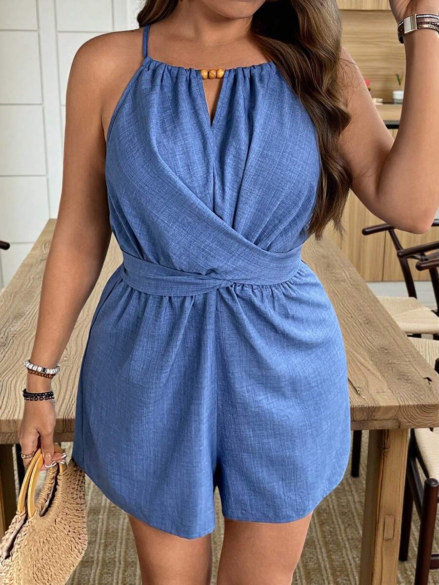 Weeklong 大码女士优雅系带腰身印花连体裤，A字褶皱下摆短裤，适合毕业典礼、节日、情人节、音乐节、母亲节、万圣节、感恩节、复活节、国庆节、舞会、约会、派对、婚礼、户外活动等场合。曲线连体裤，短款连体裤，休闲连体裤，蓝色连体裤，女士吊带连体裤，女士度假套装，女士连体裤，女士连身裤，夏季女士夏季服装，女士连体裤，牛仔连体裤，短款女士连身裤。 - 藍色 - 查看 1