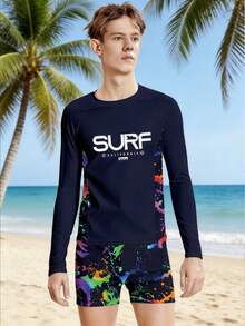 SHEIN 2pcs/Set Teen Boy Casual Vacation Printed Long Sleeve Swimsuit And Swim Trunks - Multicolor - View 1