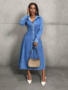 Slaydiva 女士牛仔超长高开衩连衣裙 - 藍色 - 查看 7