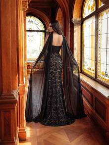 Glamrae 优雅性感黑色蕾丝边收腰塑形假腰带鱼尾侧开衩连衣裙（含可拆卸亮片吊坠），适合约会、婚礼、正式场合、正式晚宴等场合。 - 黑色 - 查看 4