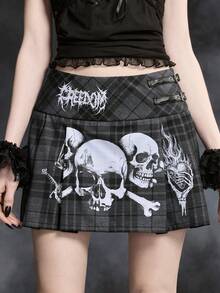 ROMWE Spring/SummergraphicDark Goth Skull, Bat, Weapon Print Women's Mini Skirt - Multicolor - View 2