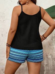 SHEIN VCAY Bộ đồ hè cỡ lớn, kiểu dáng thường ngày, gồm áo hai dây màu trơn và quần short kẻ sọc. - Màu xanh lam - Xem 2