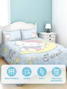 HELLO KITTY AND FRIENDS | SHEIN 这款三件套卡通猫咪印花被套采用柔软保暖的磨毛面料制成。蓝色被套饰有星月图案，并提供多种尺寸，适用于单人床、双人床、加大双人床和特大双人床。 - 淺藍色 - 查看 5