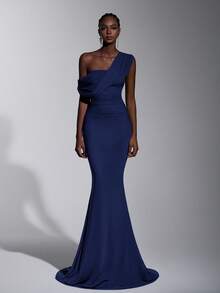 Elitara Đầm maxi dáng ôm màu xanh hải quân thanh lịch mới năm 2025, lệch vai, chất liệu lưới, có họa tiết xếp ly, phù hợp cho đám cưới, sự kiện trang trọng, đầm phù dâu. - Màu xanh hải quân - Xem 7