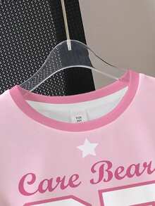SHEIN X Care Bears 青少年女孩休閒簡約數字82卡通熊圖案短袖圓領T恤，適合秋冬穿著 - 彩色 - 查看 4