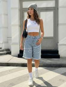 SHEIN EZwear Women's Y2k Style Star Patchwork Denim Shorts - Black - View 5
