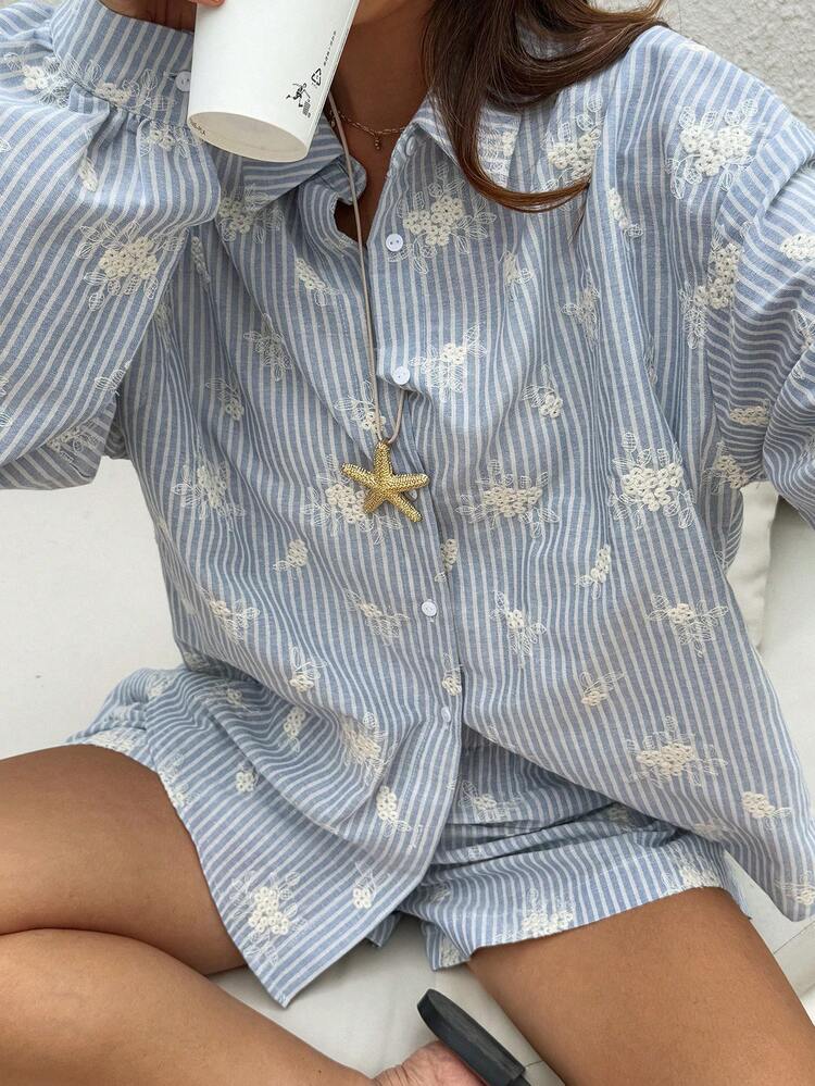 Women's Vacation Casual Striped Embroidered Shirt And Shorts 2 Pieces Set