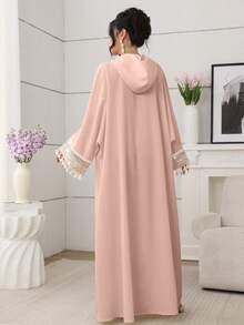 SHEIN Najma Modest Cutout Hooded Lace Ribbon Batwing Tassel Pink Dress For Women, For Parties, Date Night Special Occasion Evening Events Party Ready - Pink - View 2