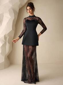 Coutiva 女士立领长袖网纱拼接优雅收腰正式晚礼服（装饰款） - 黑色 - 查看 2