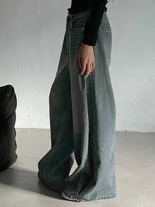 DAZY 女士做旧水洗阔腿牛仔裤 Y2k - 藍色 - 查看 5