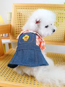 PETSIN 1pc Cat/Dog Universal Clothing, Embroidered Sunflower Bear Cartoon Pattern Blue Dress, Spring Casual Pet Clothing - Blue - View 4