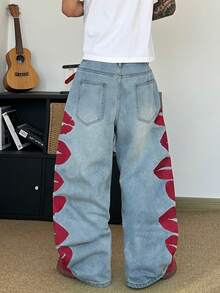 STEELVANCE Men Vintage Fashionable Versatile Washed Red Lip & Heart Embroidery Design Loose Wide Leg Casual Jeans - Light Wash - View 6
